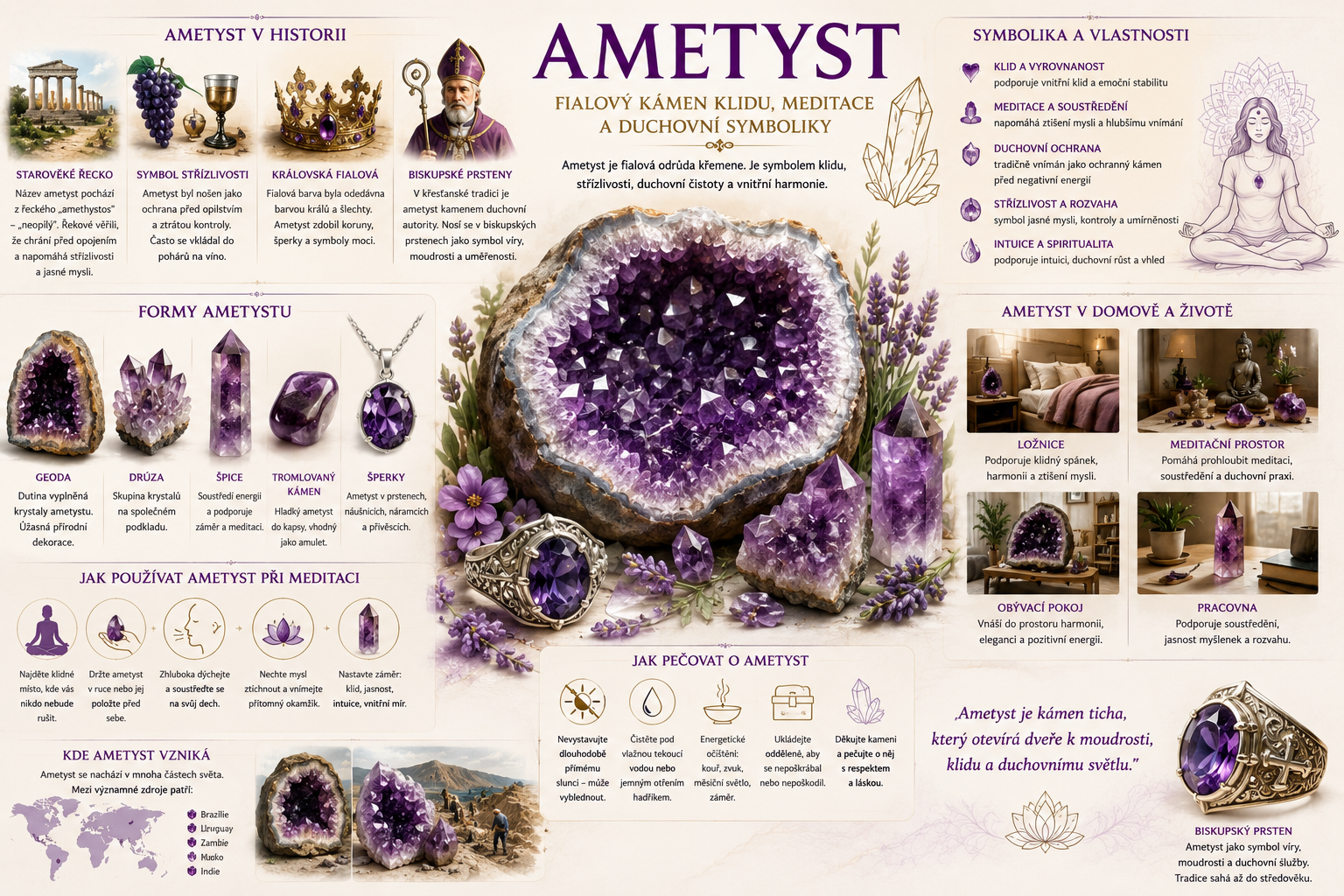 Ametyst: fialový kámen klidu, meditace a duchovní symboliky | PosvatneKameny.cz | MINERALS-STONES 